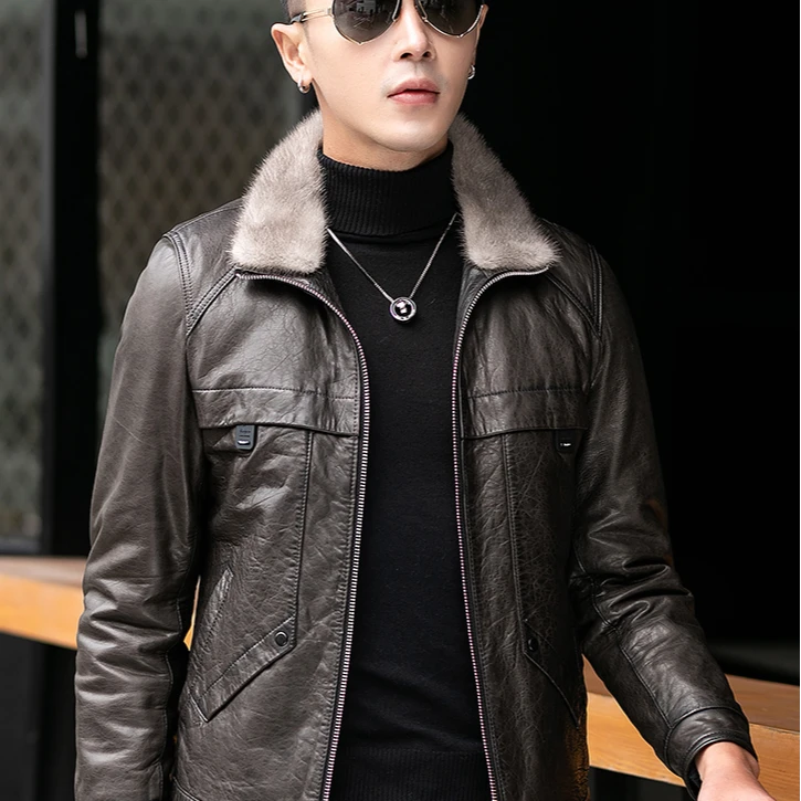 2077 断码 羊皮水貂毛海宁真皮皮衣加厚保暖翻领夹克男士外套
