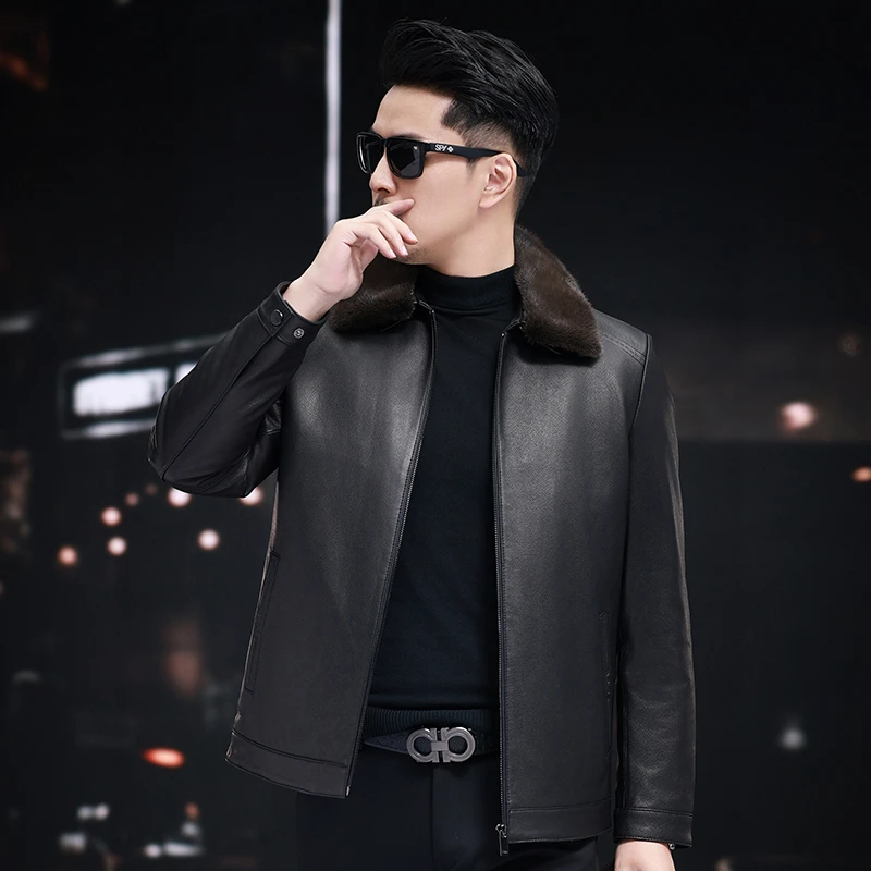 2353 断码 绵羊皮男士皮衣水貂毛领白鸭绒海宁真皮皮衣商务