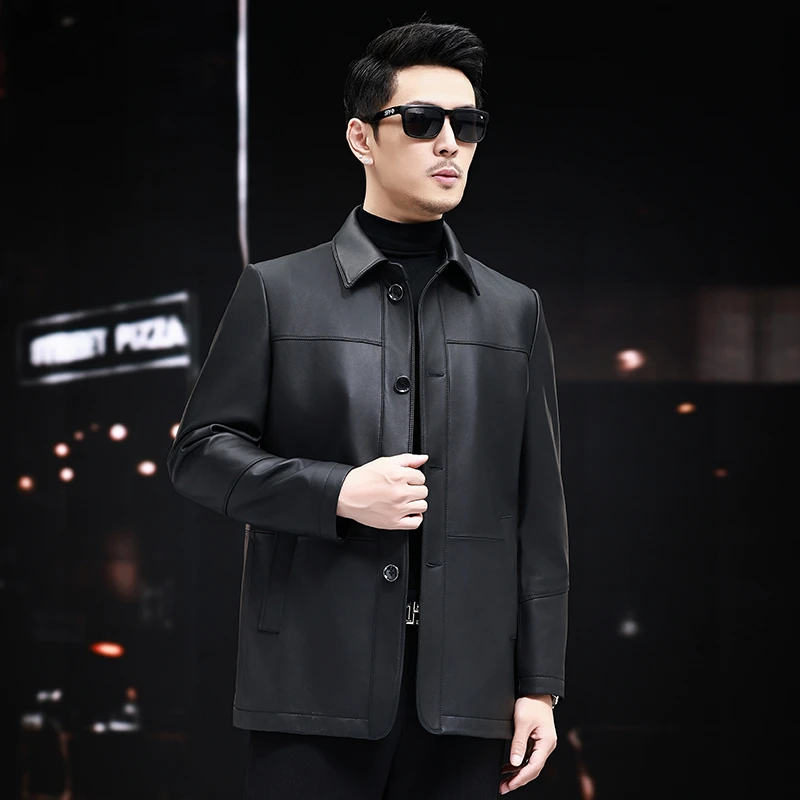 6008YM YZX绵羊皮翻领纽扣风衣羊毛内胆海宁真皮皮衣外套加厚商务