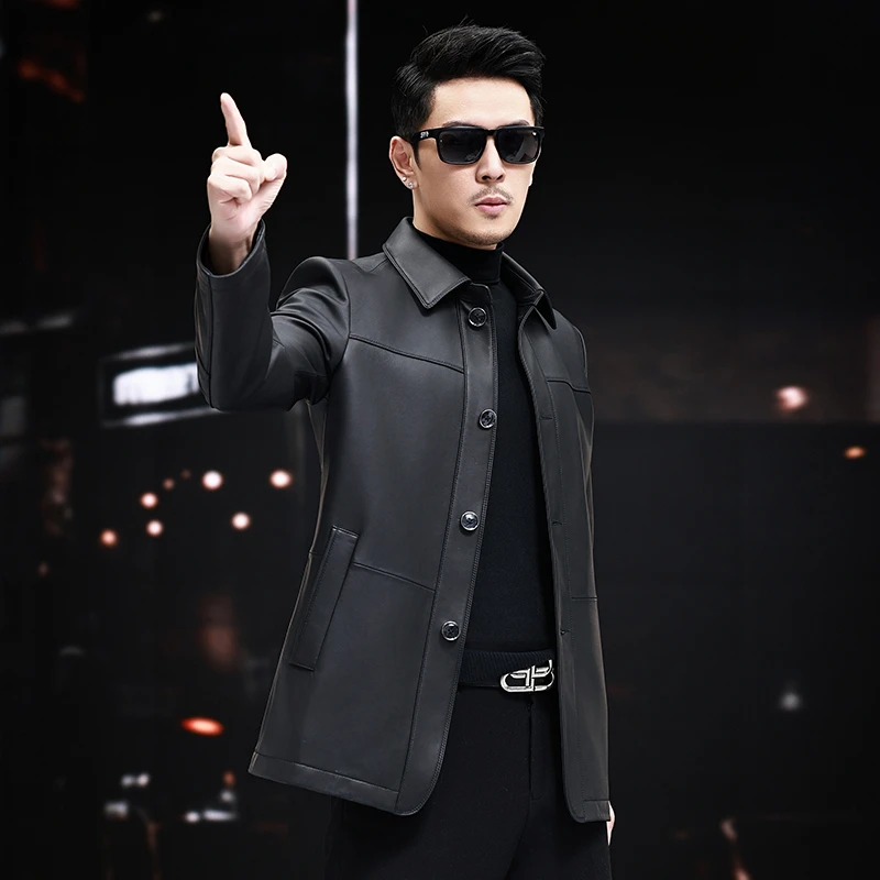 6008 YZX绵羊皮单装翻领纽扣风衣高档海宁真皮皮衣外套商务