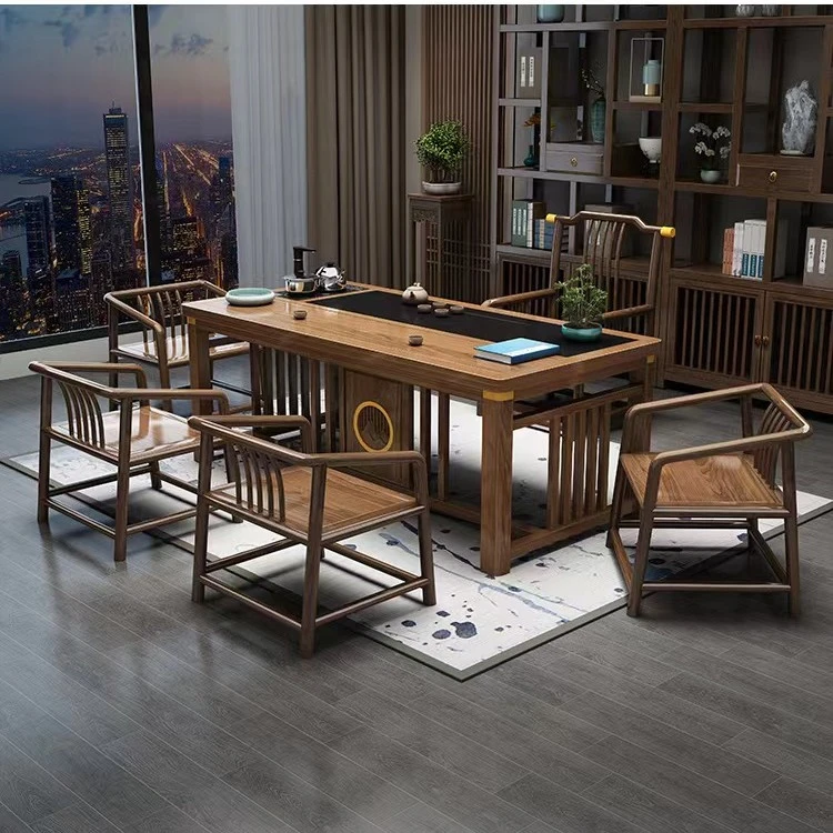 新中式茶桌椅组合实木办公室石盘茶几茶具套装家用小型泡茶台明月