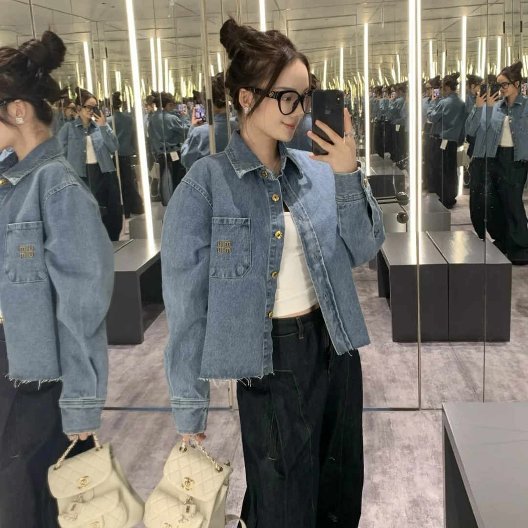 全新未使用 MIU MIU/缪缪  纯色单排扣长袖夹克外套牛仔夹克