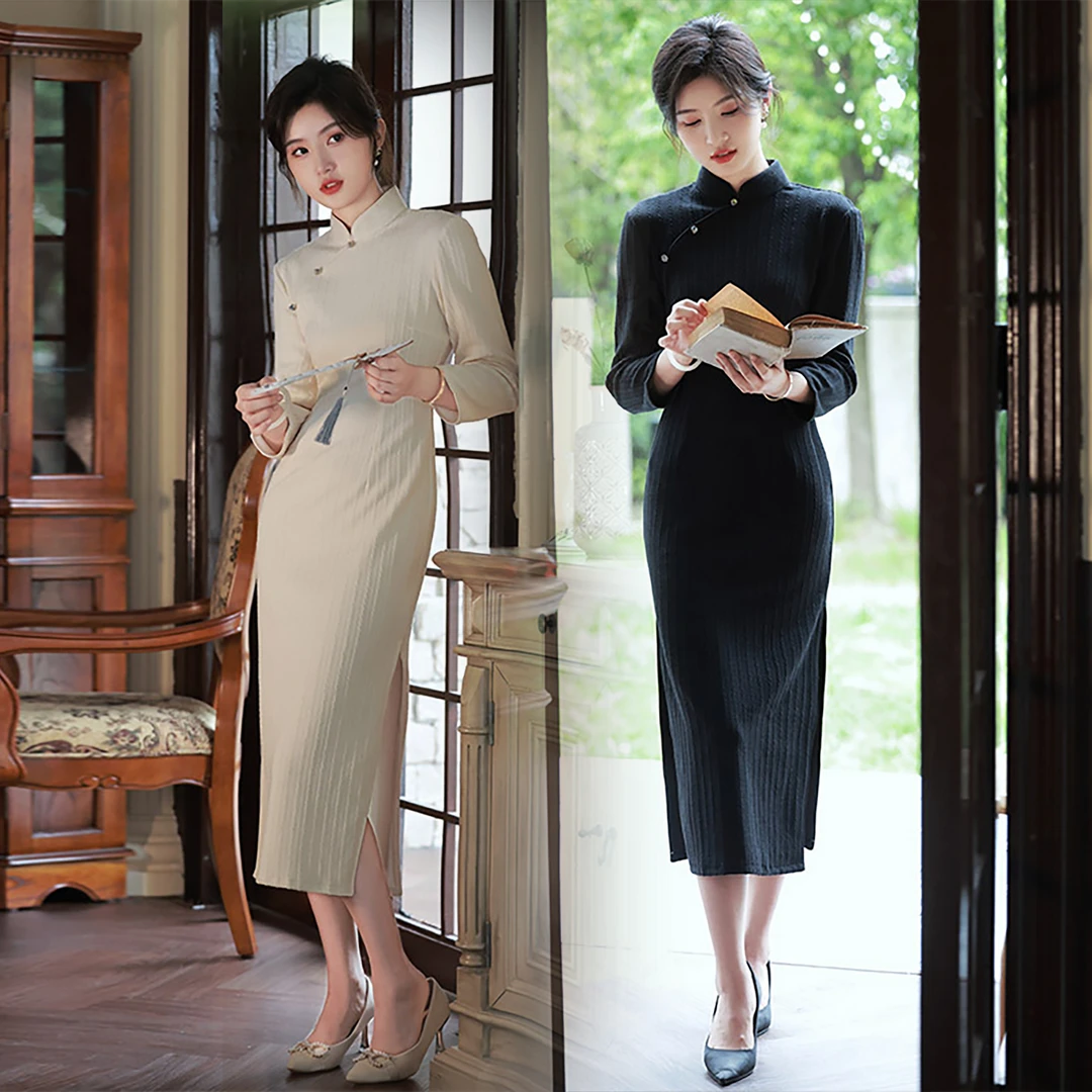 【风清余】2024初秋新款 复合针织面料 长袖双色中长款旗袍 衣长120