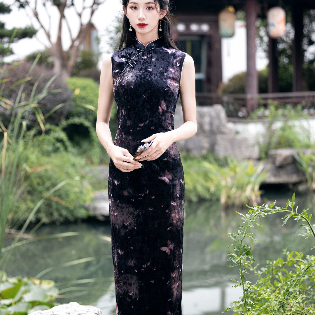 【风清余】2025春款新出炉钻石绒大方优雅不透肤中长款旗袍 衣长120