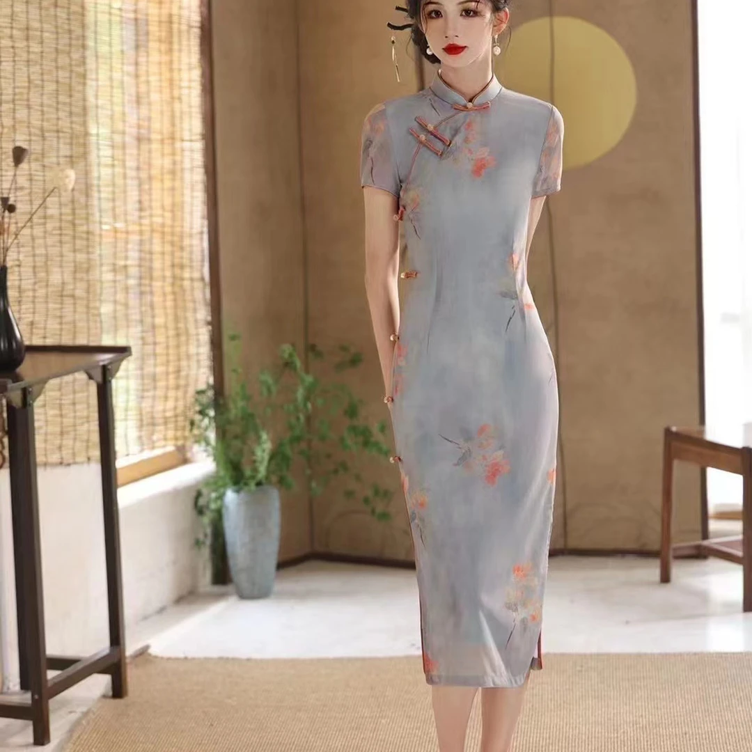 【风清余】2024初秋新款 瑞士网纱面料 中长款冷艳旗袍 气衣长120