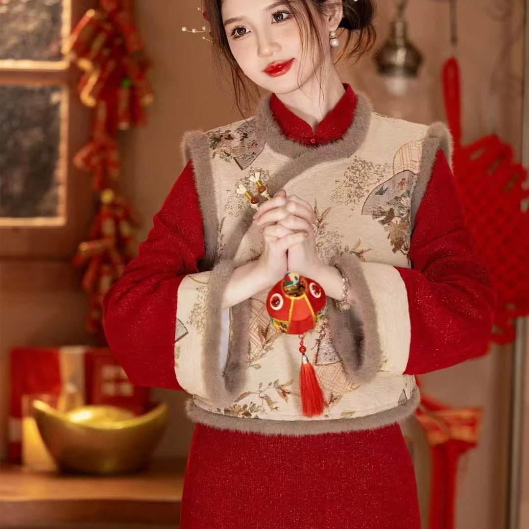 【风清余】2024冬季新款银丝雪尼尔拜年服加厚加绒长袖喜宴国潮旗袍