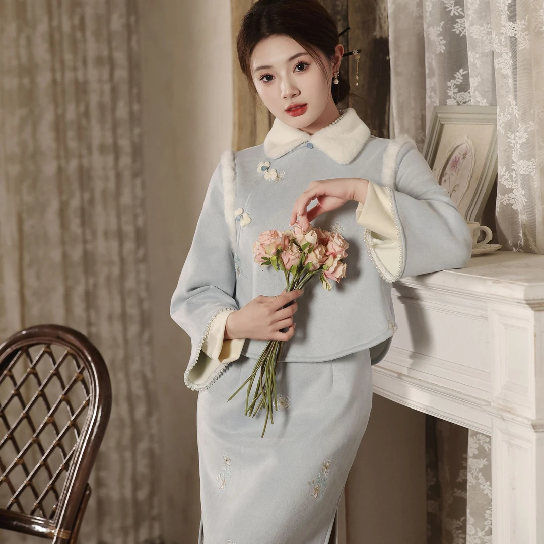 【风清余】冬季气质长袖加厚加绒日常新中式中国风秋冬时尚套装旗袍