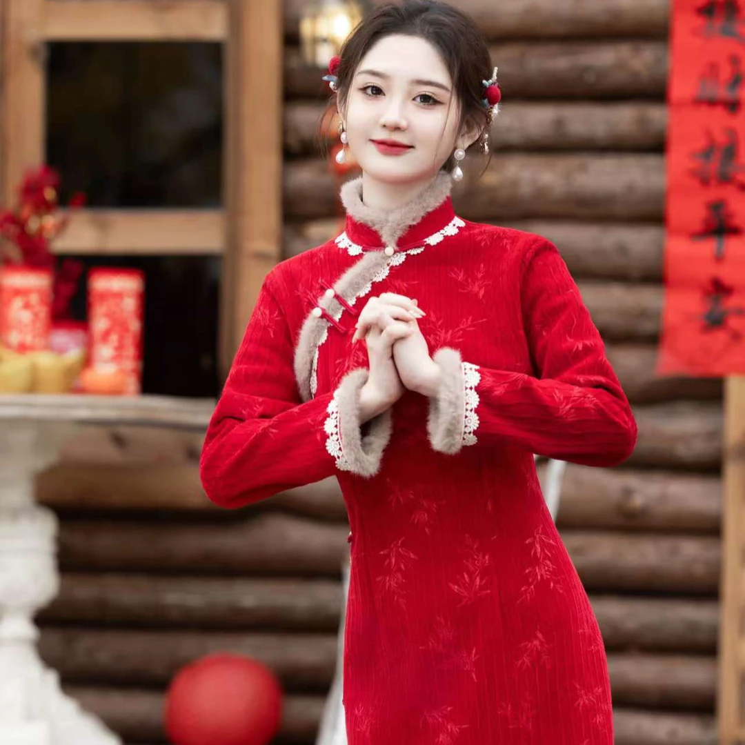 【风清余】2024秋冬新款雪尼尔订婚结婚新娘时尚修身加厚加绒旗袍