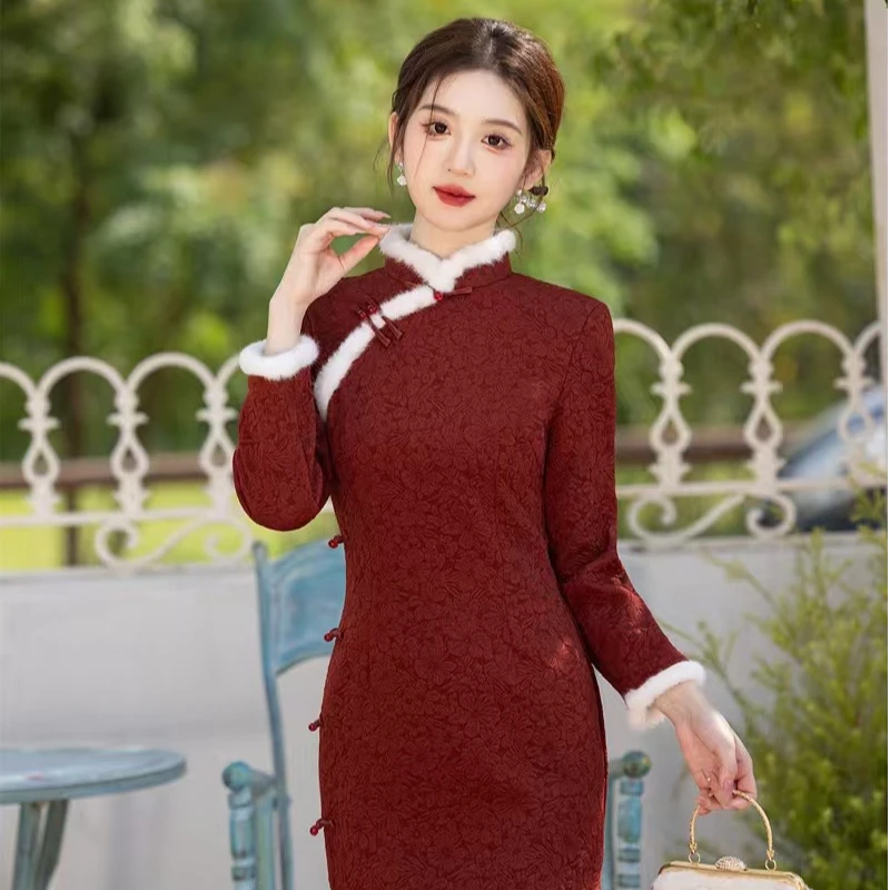 【风清余】秋冬新款气质时尚长袖红色加厚加绒订婚结婚喜庆旗袍