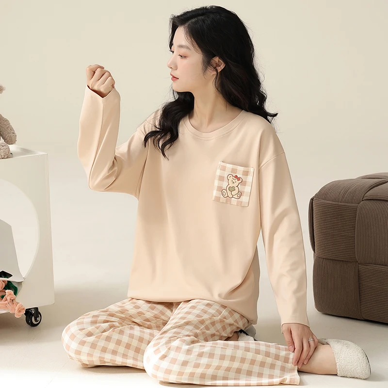 高档纯棉睡衣女士春秋夏季长袖套头休闲可爱两件套家居服可外穿