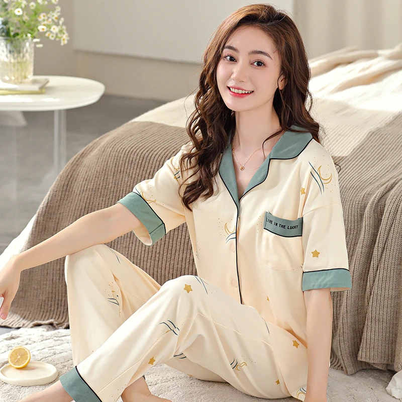 浪莎睡衣套装女士夏季翻领短袖长裤大码家居服舒适透气简约时尚