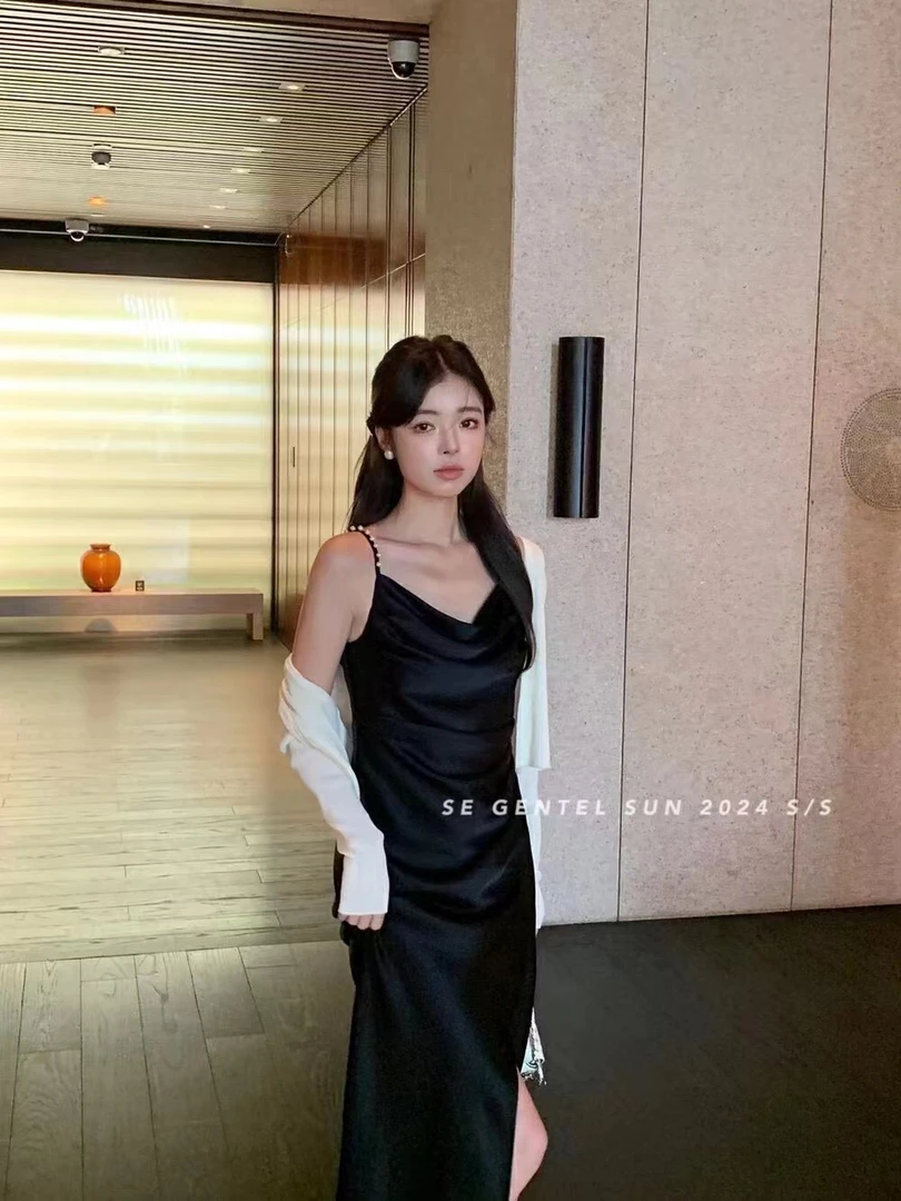 名媛气质丝滑流光缎面开叉连衣裙法式小众时尚收腰修身性感吊带裙