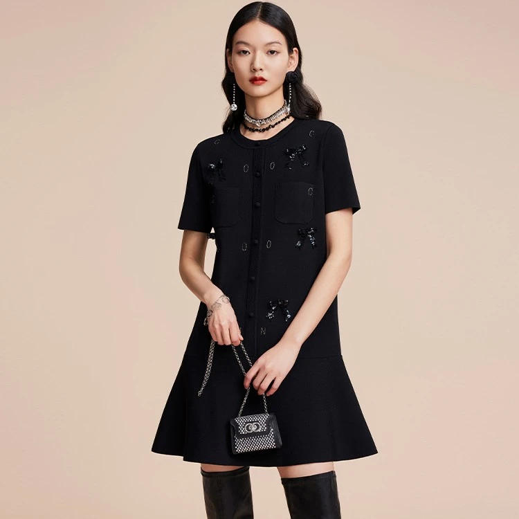 COCOON/可可尼连衣裙小香风气质黑色排扣粗花呢23307AF026020020