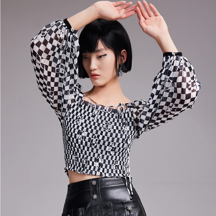 COCOON/可可尼棋盘格印花网红款上衣22307BC055331132