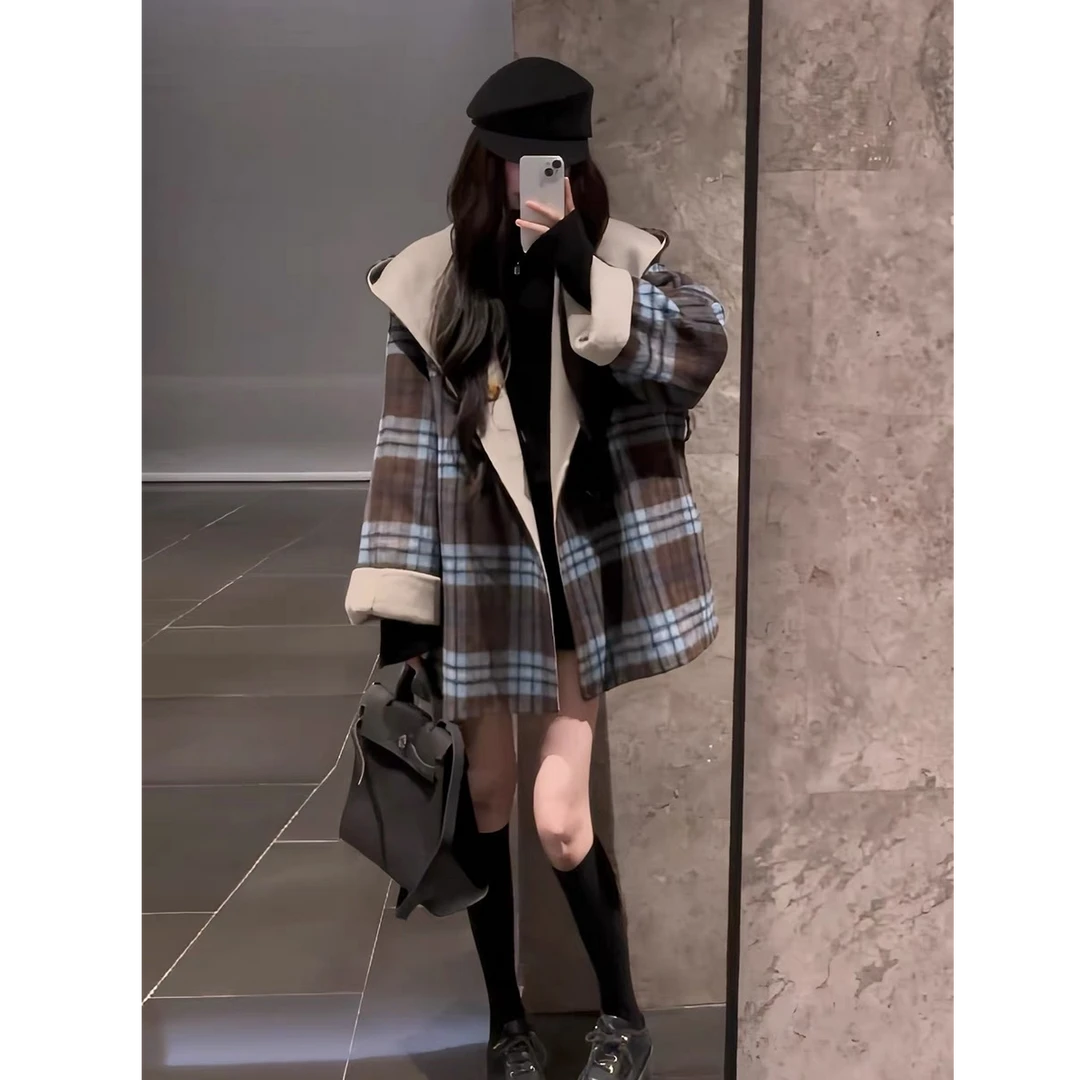 秋冬新款呢子大衣女韩版宽松格子网红时尚百搭气质复古毛呢外套女