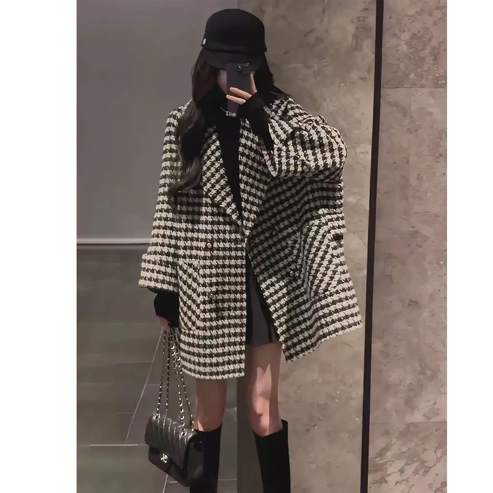 秋冬新款千鸟格呢子大衣女韩版宽松中长款气质洋气时尚外套女