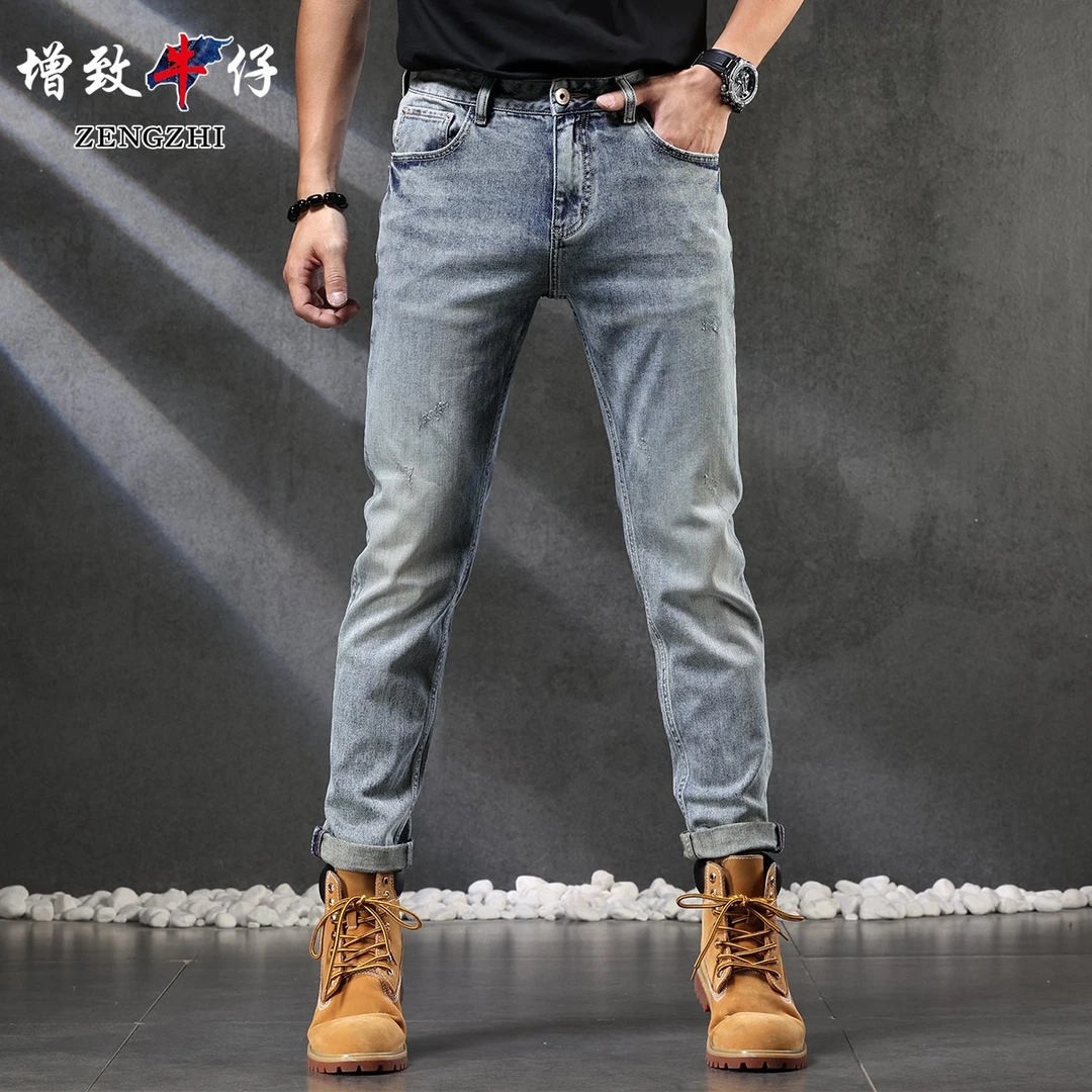 ZENGZHI/增致牛仔317蓝色夏季小直筒弹力牛仔裤男士时尚潮流宽松