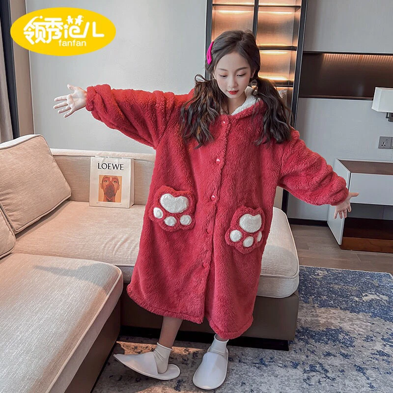 女童睡袍草莓熊套装女童可爱洋气冬季法兰绒家居服保暖两件套装