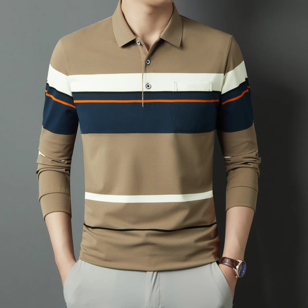 秋冬男士T恤中青年休闲爸爸装打底上衣口袋条纹长袖大码宽松加绒