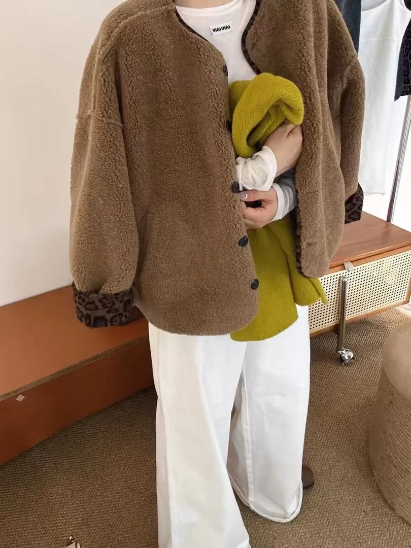 241082秋冬韩版皮毛一体宽松拼色豹纹外套