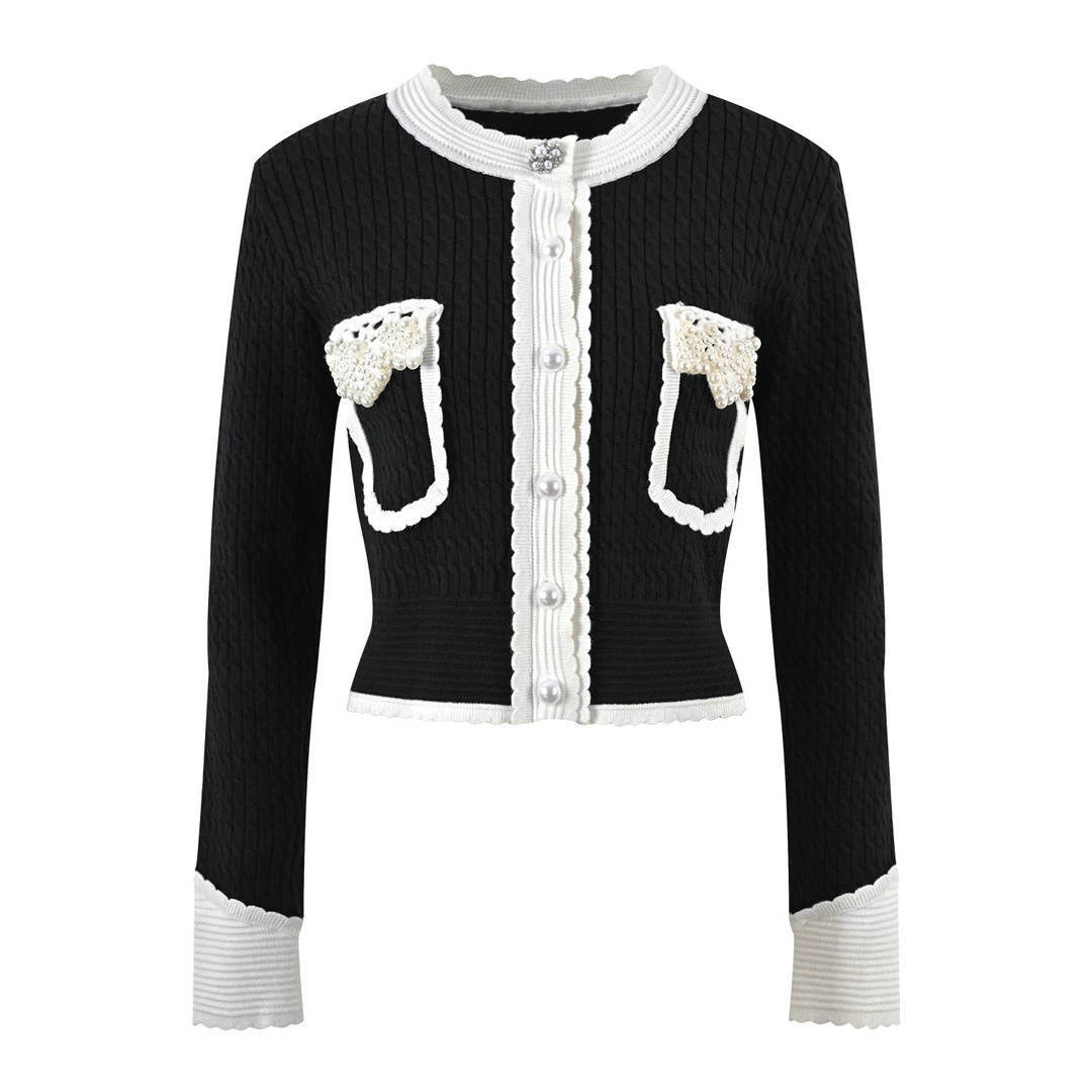 <猪猪出品>早秋上新黑白针织衫香风针织衫法式流浪丹宁设计师206