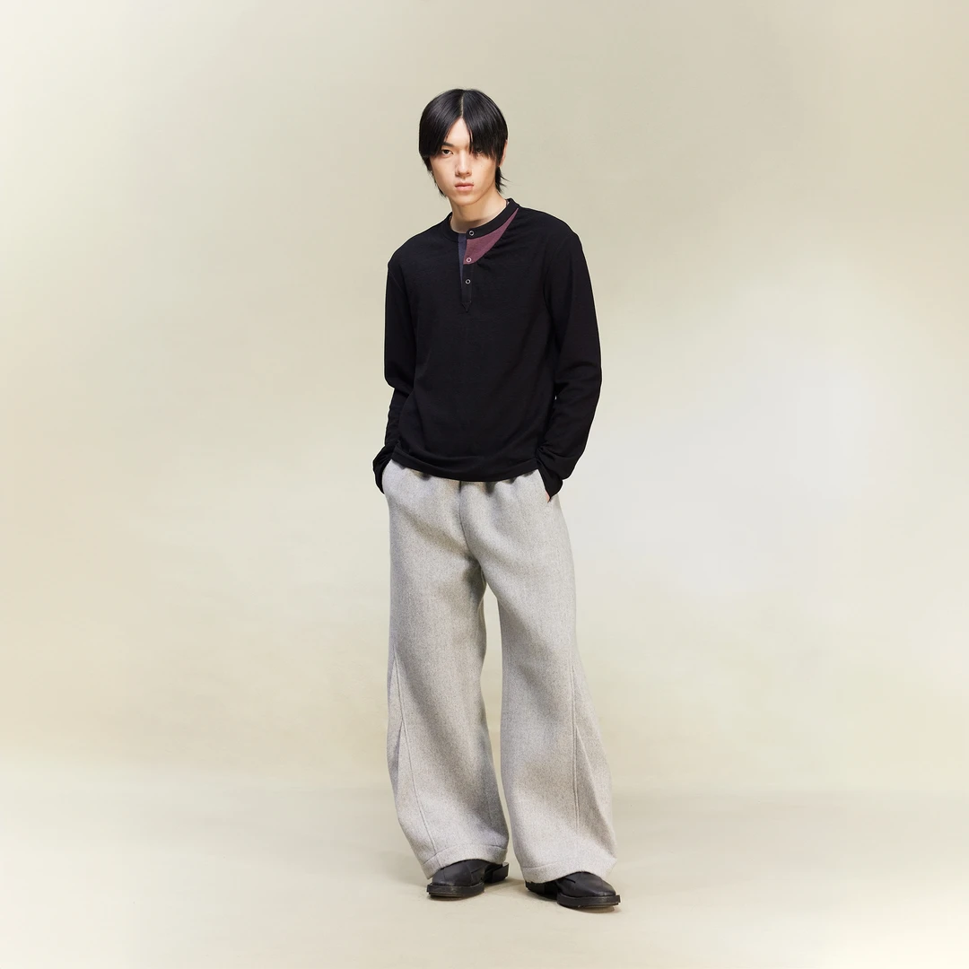 芸蚁〔彳〕羊毛混纺弯刀光影褶结构花纱毛呢长裤