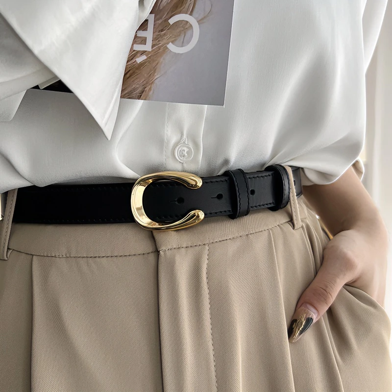 皮带女棕色简约百搭真皮头层牛皮高级感腰带女细韩版潮百搭牛仔裤