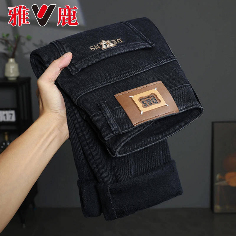 V/雅鹿秋冬新款水洗百搭加绒加厚宽松小直筒男士休闲牛仔裤潮9008