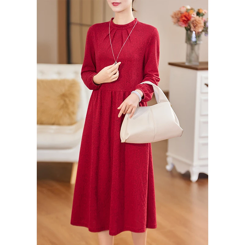 迪欧芙新款高端精品2024初春红色气质婚礼长袖连衣裙女#QLQ25320