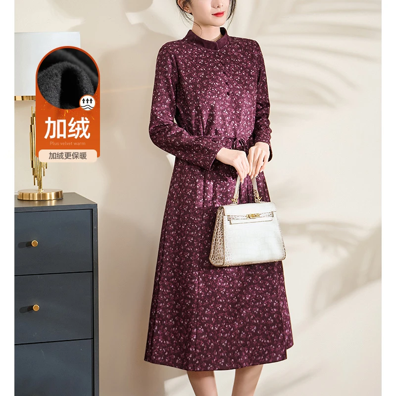 迪欧芙2024冬季新款典雅梅花紫落叶纹长袖女加绒连衣裙#DLQ17818