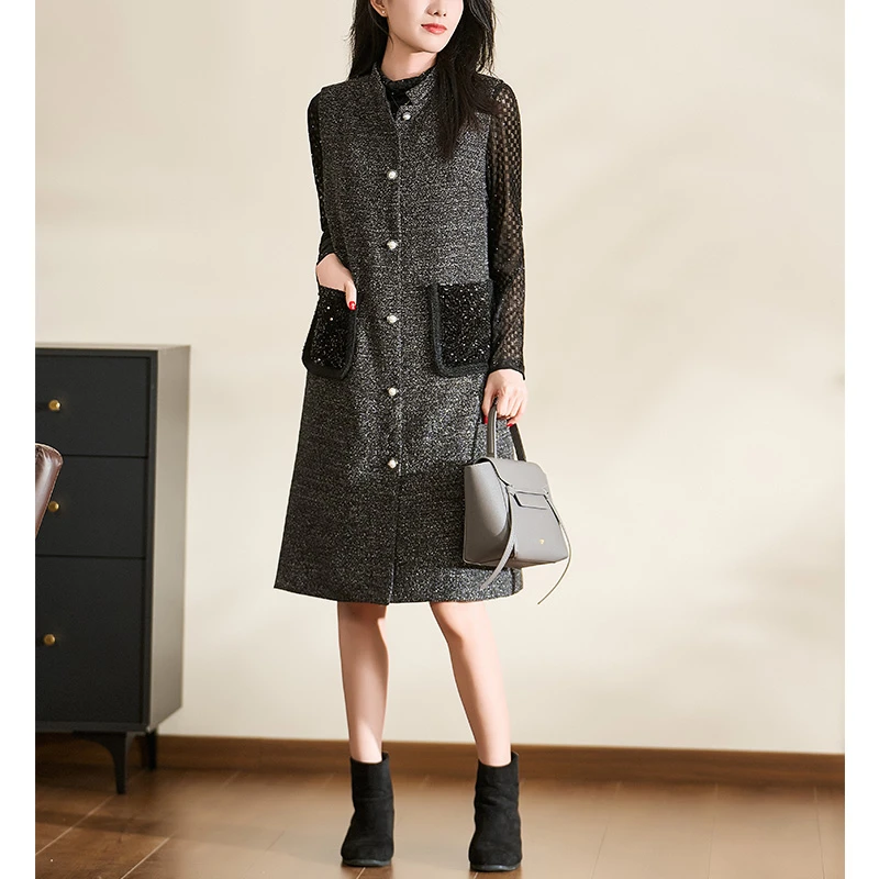 迪欧芙2024秋冬新款休闲百搭花灰色设计无袖女马甲外套#QWT87360