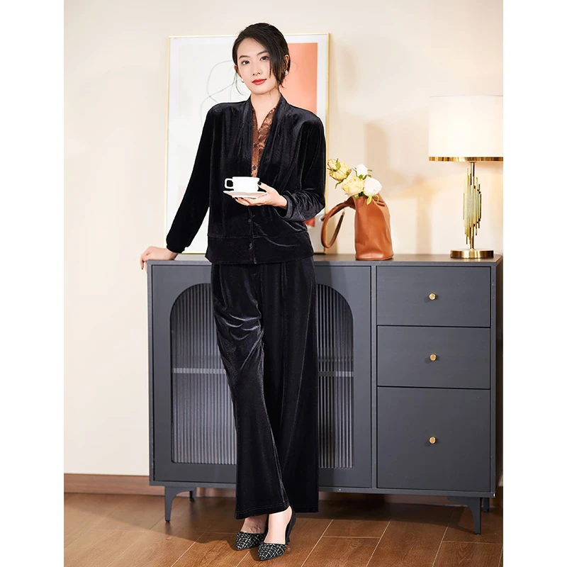 迪欧芙2024秋季新款轻奢黑色气质显瘦款长袖时尚套装女#QTZ87081