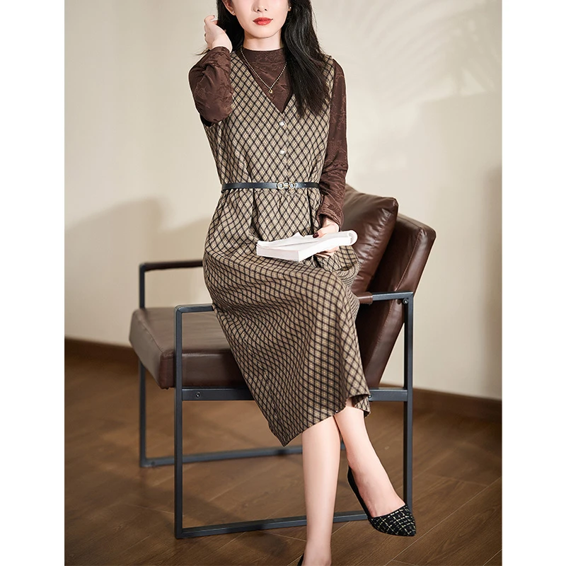 迪欧芙2024秋季新款古典优雅咖色圆领长袖女套装连衣裙#QTZ17287