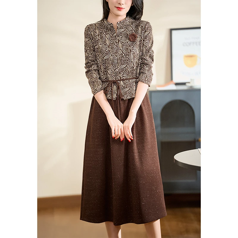 迪欧芙2024冬季新款古典优雅拼接棕色款长袖女连衣裙#DLQ17570