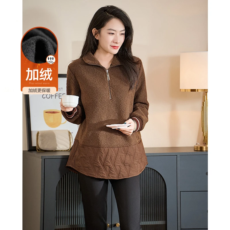 迪欧芙2024冬季新款绒感高级百搭棕色款长袖女加绒卫衣#DSY17710