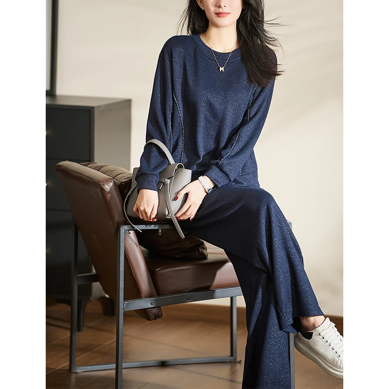 迪欧芙2024秋冬新款优雅休闲大方蓝色款长袖女时尚套装#QTZ87446