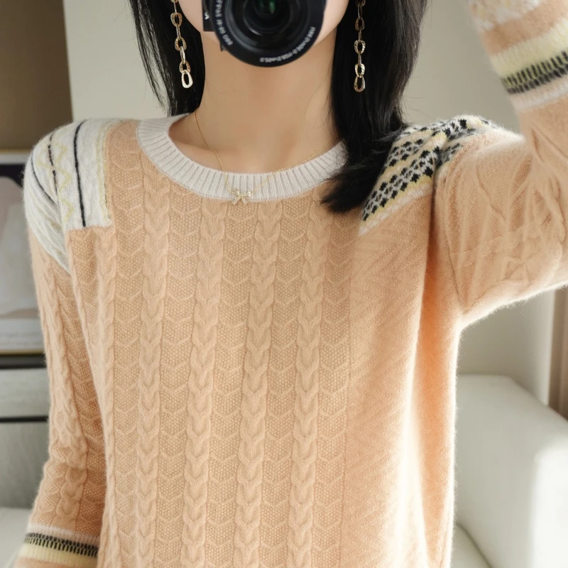 2024秋冬新款女100%纯羊毛衫圆领套头针织衫甜美拼色时尚毛衣