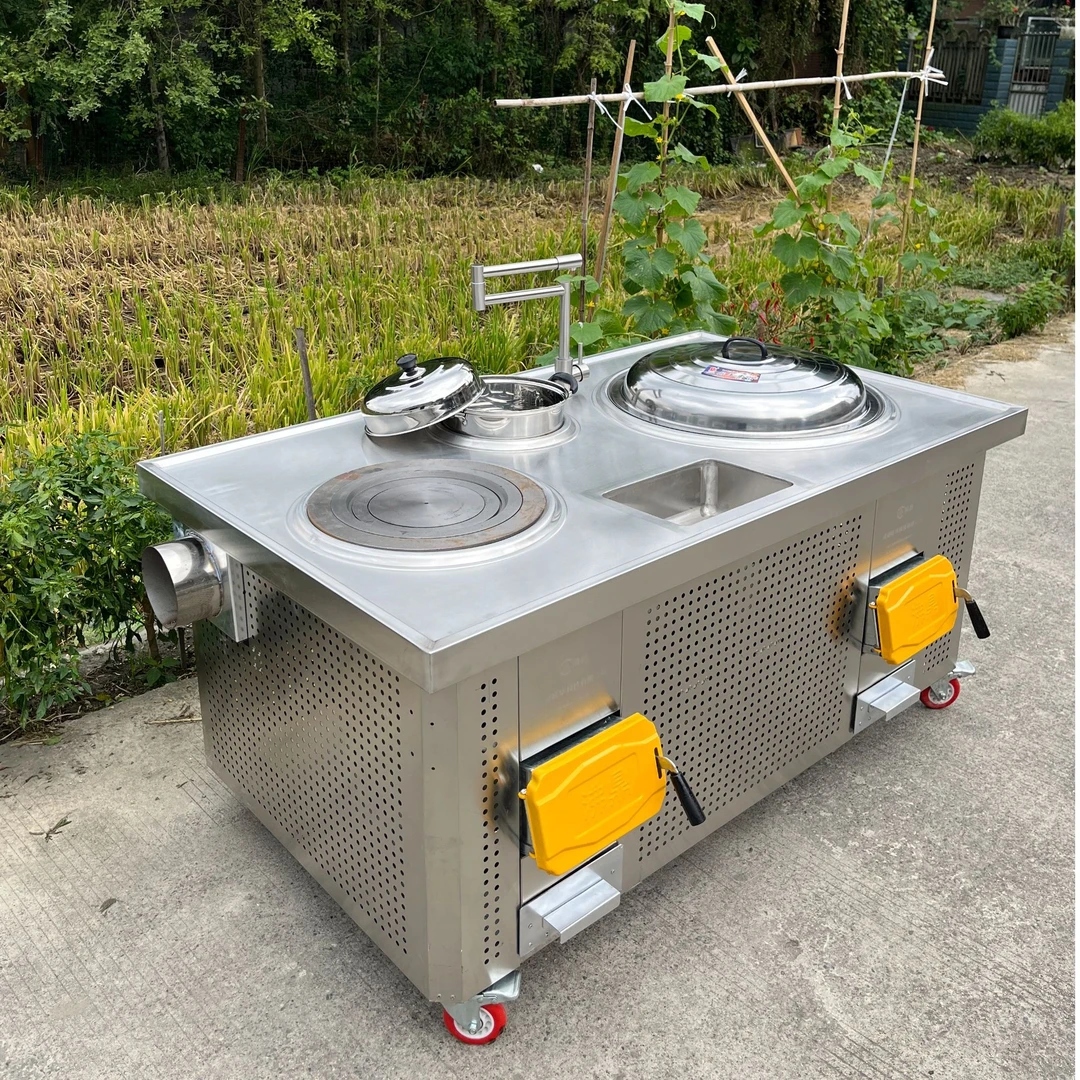 农村烧木柴家用柴火灶三锅灶带水槽下沉台面无烟柴火炉