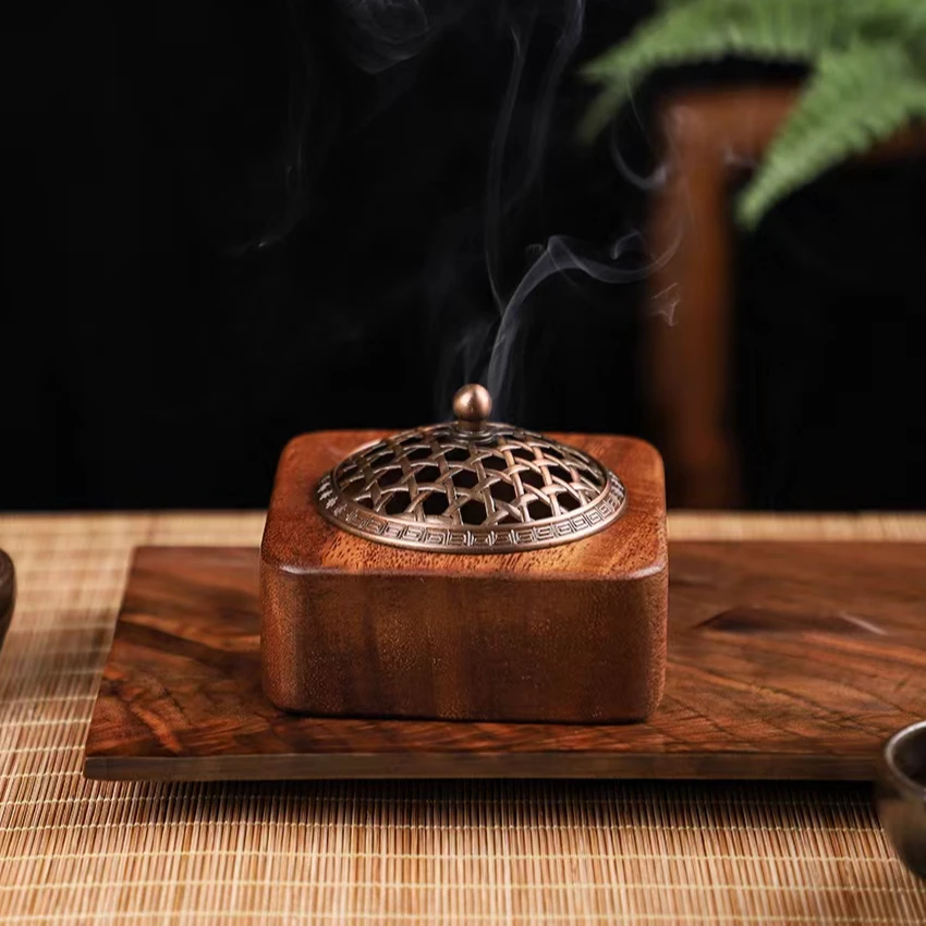 实木家用胡桃木茶道香炉室内熏香摆件盘香炉线香炉茶室禅意香炉