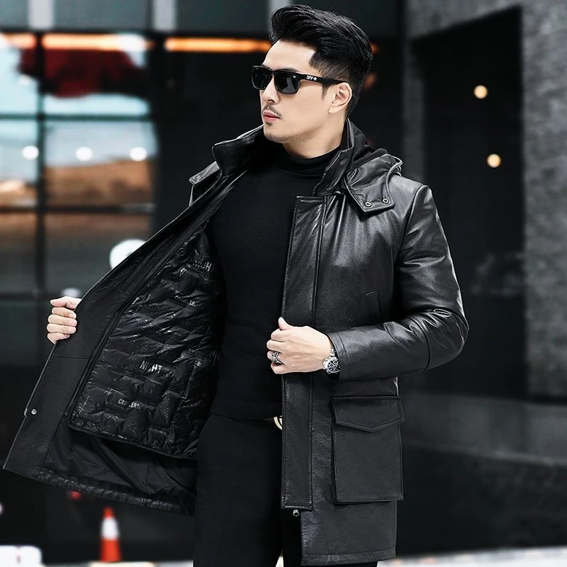 A23818海宁真皮皮衣男头层小牛皮皮夹克脱卸内胆水貂毛领