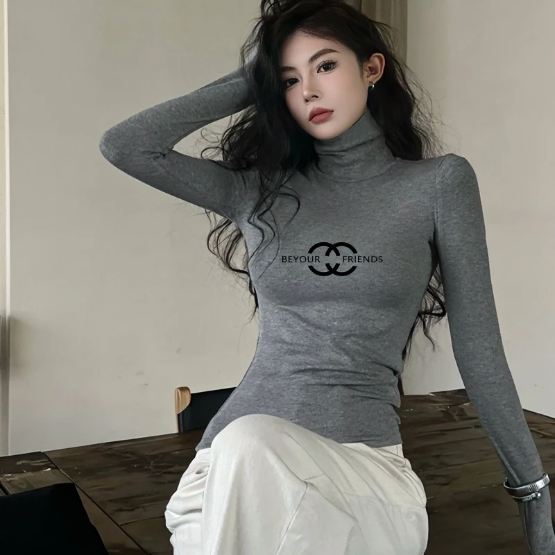 高领长袖T恤女新款紧身德绒磨毛保暖上衣弹力内搭百搭气质打底衫