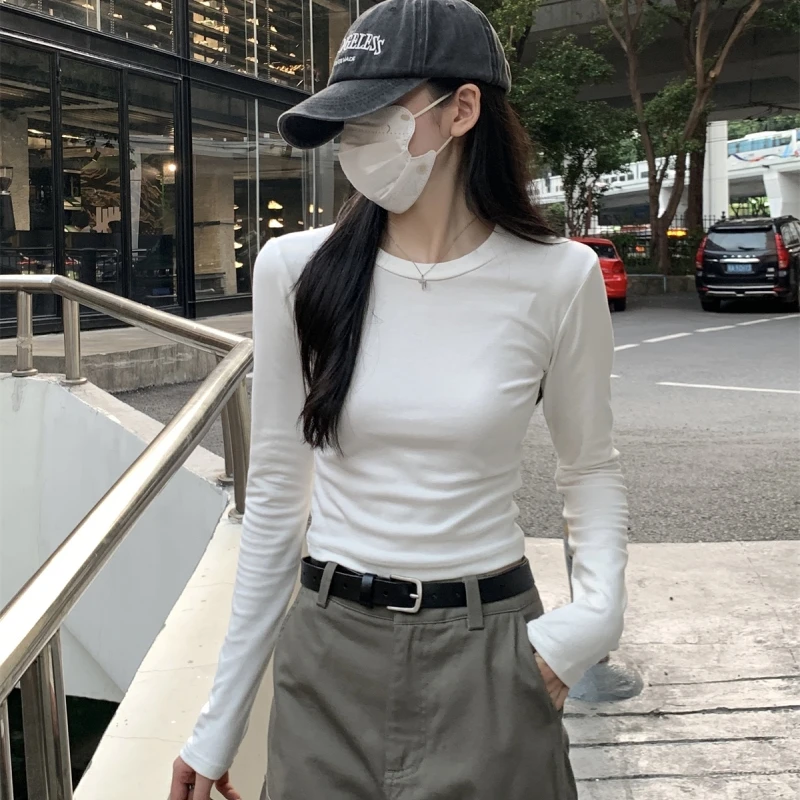 2023今年流行百搭秋冬韩版圆领内搭长袖打底衫纯棉正肩袖T恤女装