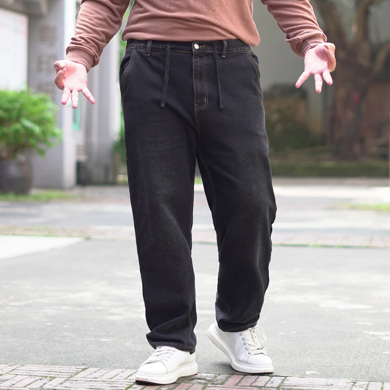 大码男士牛仔裤宽松弹力秋冬季加肥宽松复古棉质松紧腰胖子休闲裤