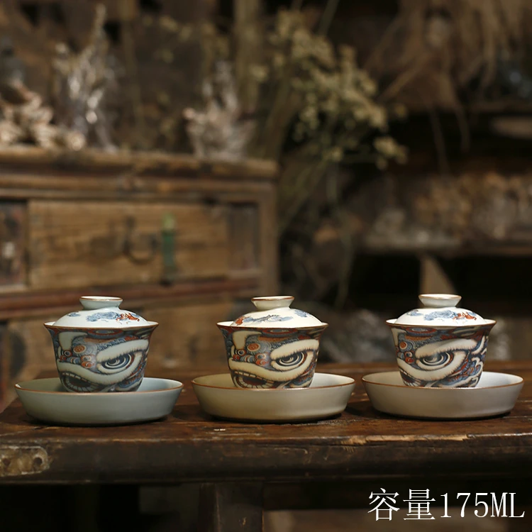 世俗器旋转悬停陶瓷三才盖碗中式布袋醒狮茶碗大壶承高档功夫茶具