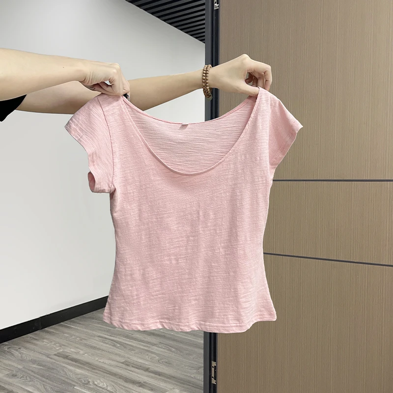 爱雅者低领露锁骨短袖t恤女夏季修身显瘦多巴胺145小个子精致上衣