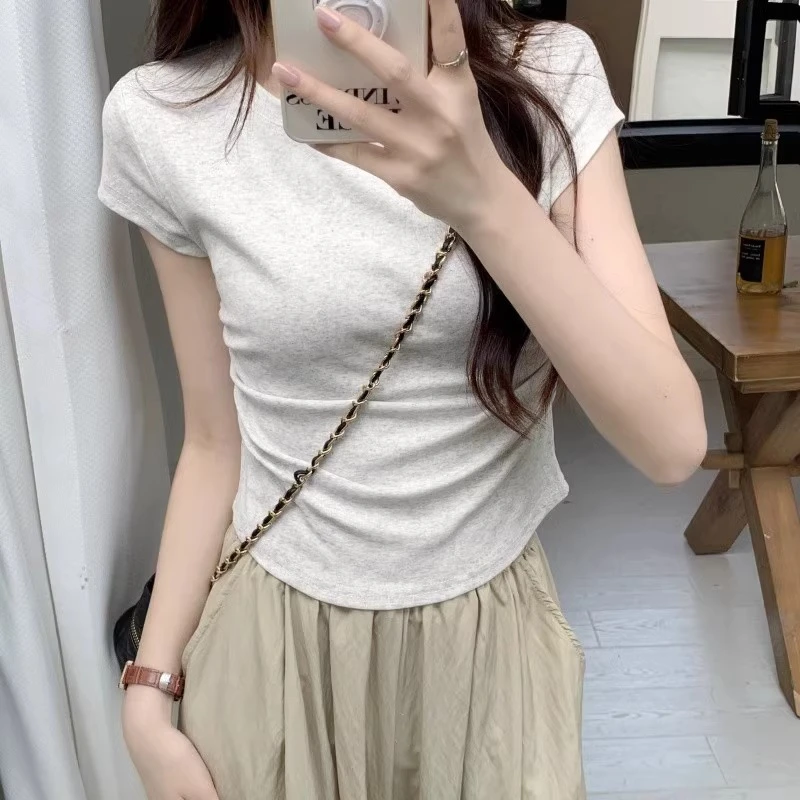 爱雅者2024新款纯色圆领正肩上衣女夏季褶皱收腰简约百搭短袖T恤1