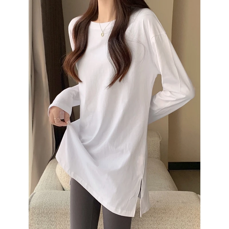 简约白色打底衫内搭长款开叉宽松长袖t恤秋冬遮屁股上衣时尚洋气