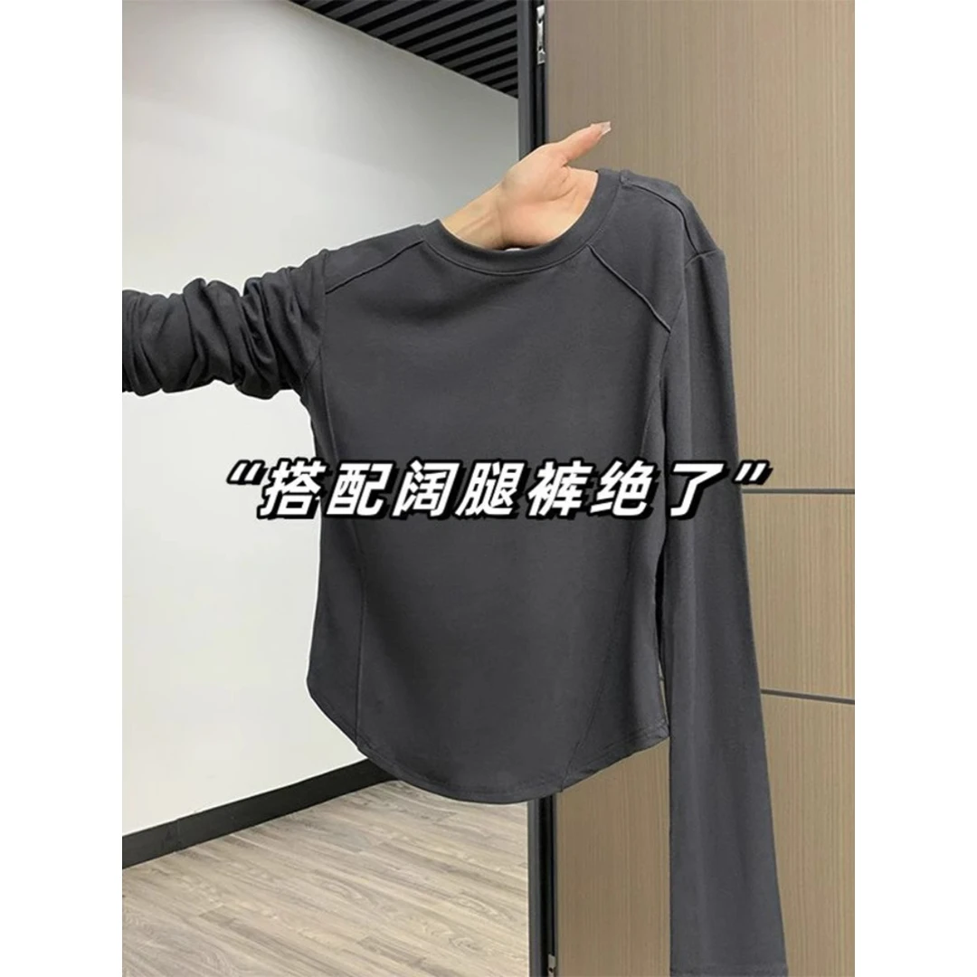 【现货】高级感鱼骨圆领长袖T恤女秋冬不规则下摆打底衫正肩上衣