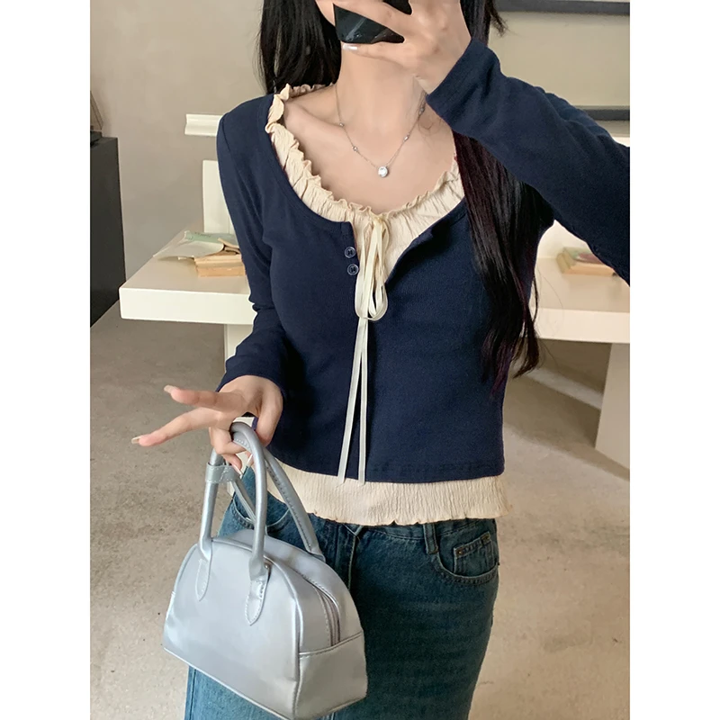 藏蓝色木耳边系带假两件T恤女2024早秋V领正肩修身长袖打底衫上衣