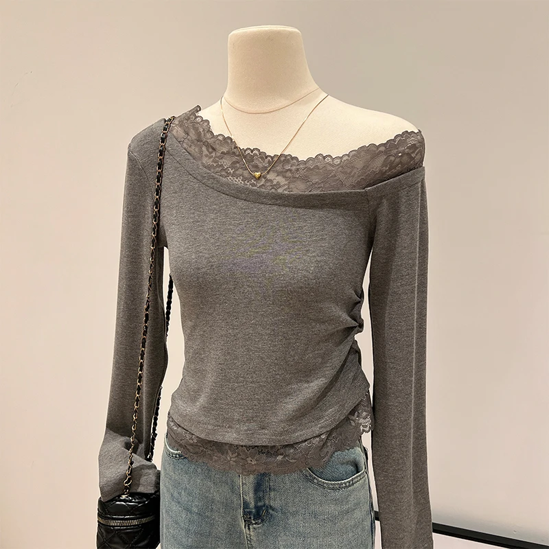 一字肩蕾丝拼接露肩长袖T恤女2024春秋冬纯欲性感修身内搭打底衫
